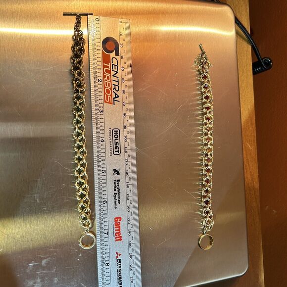 gold Byzantine round Link Bracelet w/ red stones inside - 7” - Picture 3 of 4